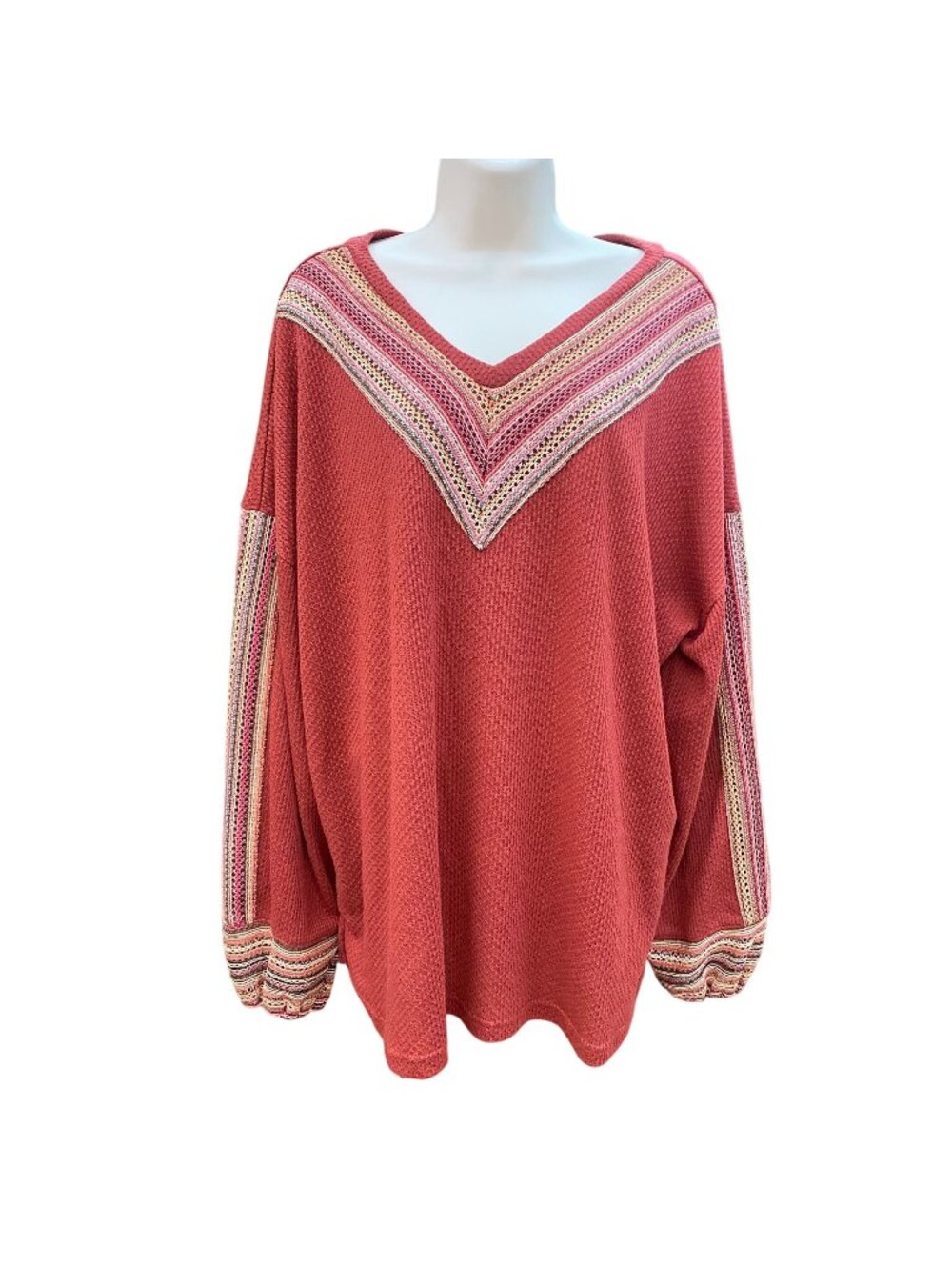 Casual Express Terracotta XXL Boho V-Neck Waffle Knit Top With Crochet Trim